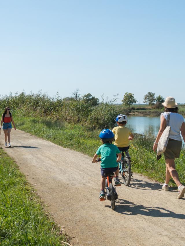 1 femme se promène avec 2 enfants à vélo et va croiser 1 autre femme. A droite du chemin 1 étier, au dernier plan, 1 structure en bois